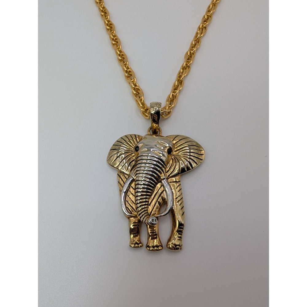 Large Textured Elephant Pendant Necklace Thick Gold Tone Chunky Statement Chain